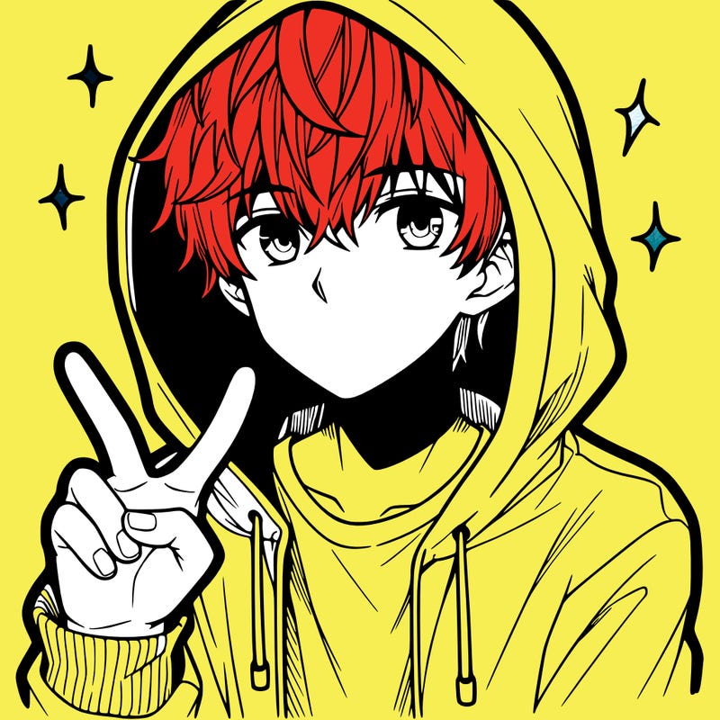 teenage manga boy in a hoodie, doing ✌
