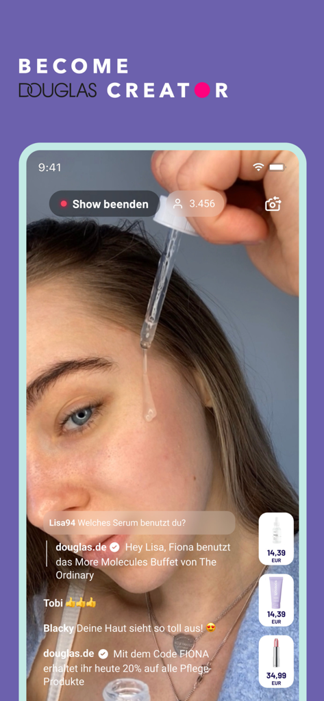 Douglas Creator - A beauty creator demonstrating skincare during a live stream with product links and viewer comments in the Douglas Creator app.