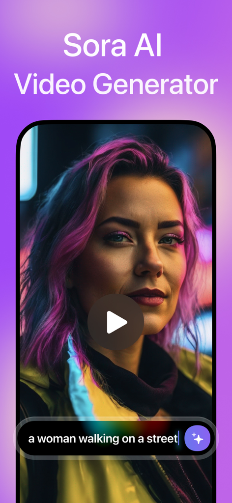 Magic AI Video & Art Generator - Magic AI Video Generator app interface showing a video generation of a woman with pink hair based on a text prompt
