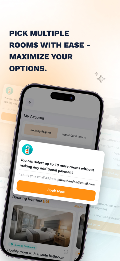 Mobile Ansicht, die die Option zur Auswahl und Buchung mehrerer Zimmer in der Hosting Power App zeigt
