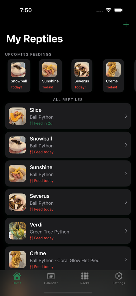 Reptile Tracker: Pets - Home screen of Reptile Tracker app showing a list of pet snakes and their upcoming feeding schedules in dark mode.