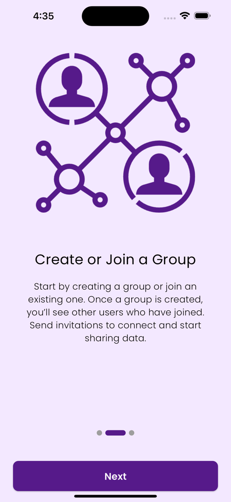 Mobile app onboarding screen showing an illustration of connected users with the text Create or Join a Group for file sharing.