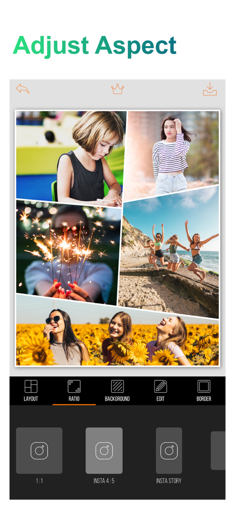Interface for choosing Instagram aspect ratios in the VideoGrid collage app