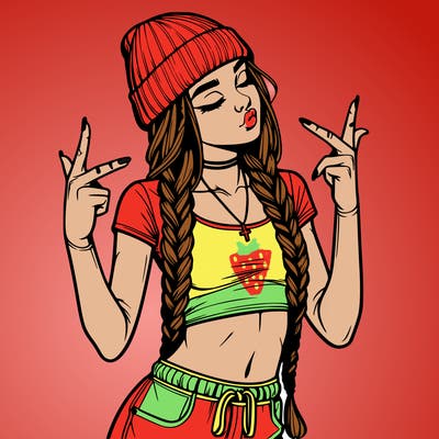 realistic teenage girl with braids and a beanie and crop top doing 🫶🏼