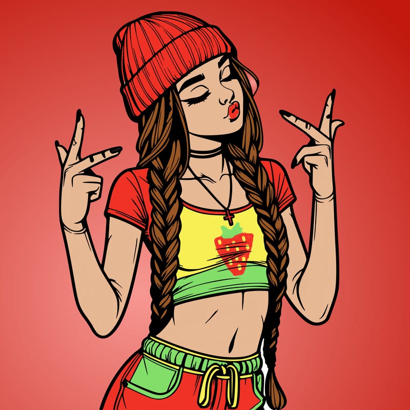 realistic teenage girl with braids and a beanie and crop top doing 🫶🏼