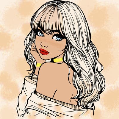 realistic girl with bangs looking over her shoulder