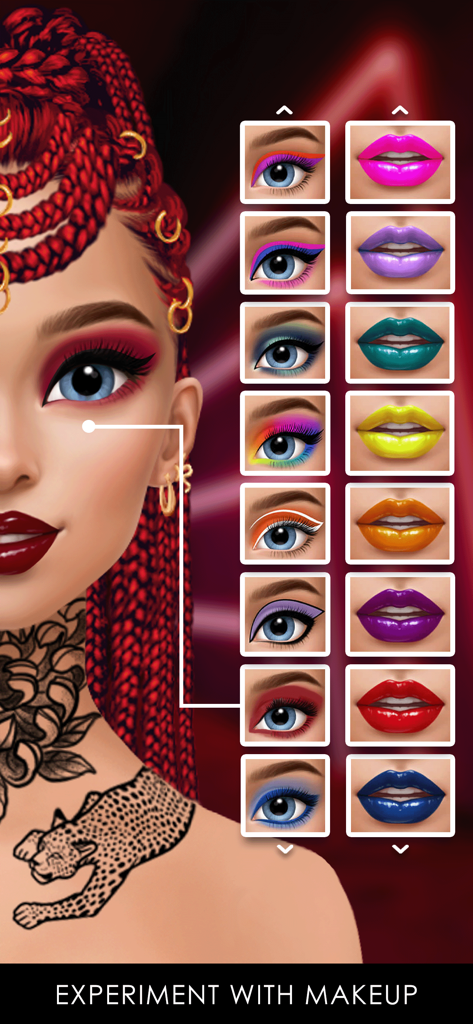GLAMM’D - Fashion Game - A character with red braids and a cheetah tattoo in the GLAMM’D fashion game showing eye makeup and lip color customization options.