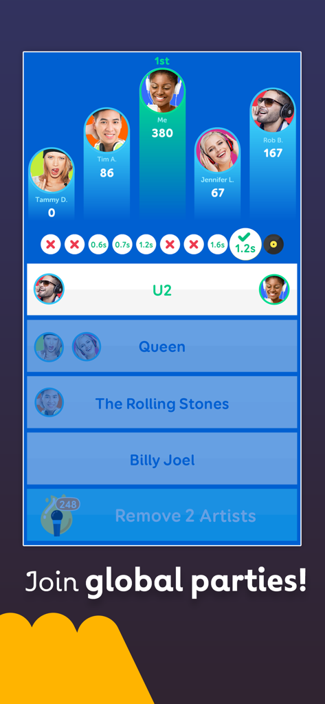 Uma batalha multijogador de quiz musical no SongPop Classic mostrando o ranking dos jogadores e as opções de artistas.