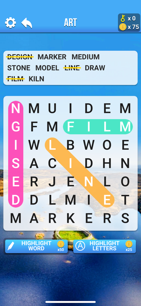 A word search puzzle gameplay screen featuring an art theme with highlighted words over a relaxing nature background