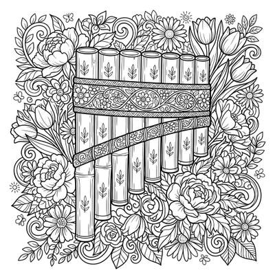 Discover serene relaxation with this exquisite adult coloring page featuring a pan flute nestled among lush spring blooms. Perfect for those seeking intricate designs and a meditative artistic escape.
