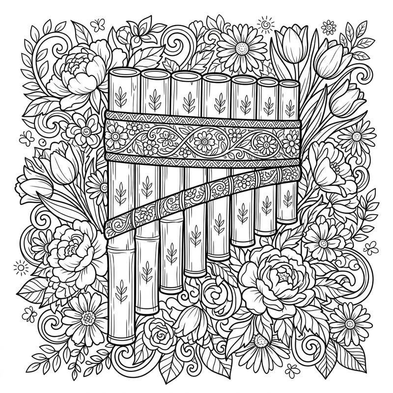 Discover serene relaxation with this exquisite adult coloring page featuring a pan flute nestled among lush spring blooms. Perfect for those seeking intricate designs and a meditative artistic escape.