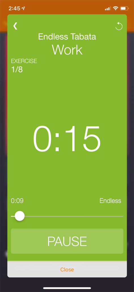 Yes!GO - Yes!GO app interface showing a green screen with an active fifteen-second Tabata workout timer.