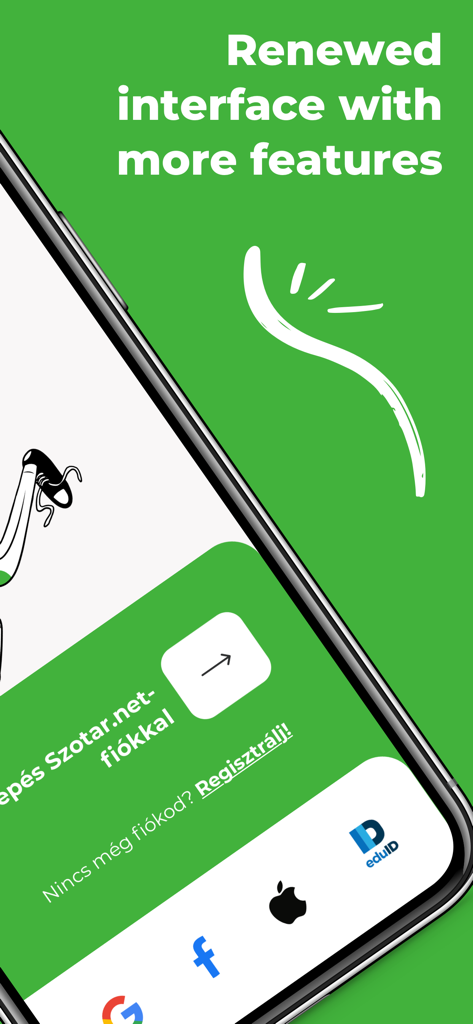 szotar.net - Login screen of the szotar.net professional dictionary app showing the renewed user interface and social login options.