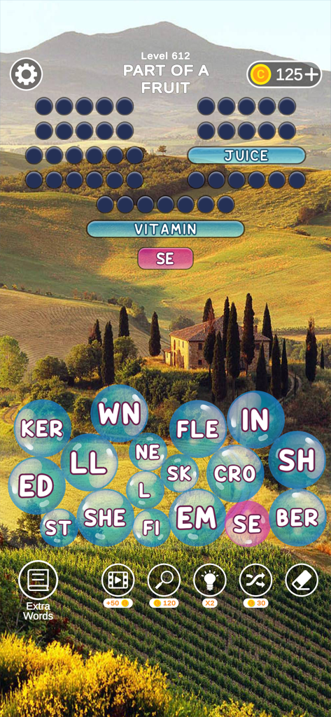Word Bubbles - Relax Word Game - Word Bubbles Relax gameplay showing bubbles with letters over a nature background