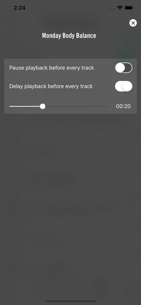 Les Mills Releases - Body Balance 세션에 대한 트랙 일시 중지 및 지연 설정을 보여주는 Les Mills Releases 앱의 재생 사용자 지정 화면