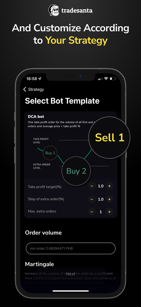 TradeSanta: Crypto Trading Bot - TradeSanta app screen for customizing a DCA crypto trading bot strategy