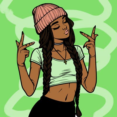 realistic teenage girl with braids and a beanie and crop top doing 🫶🏼