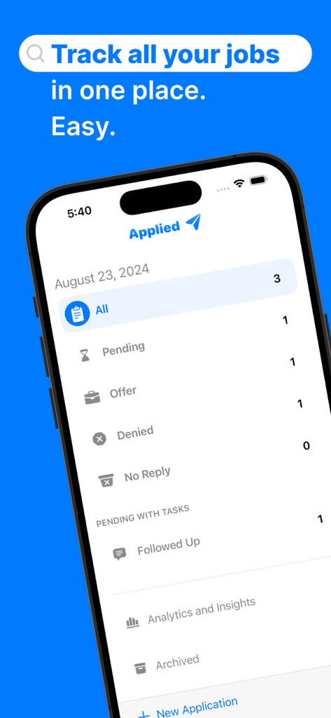 Job search organizer Applied - Un panel móvil para la aplicación Aplicado que muestra categorías de seguimiento de solicitudes de empleo como pendiente y oferta