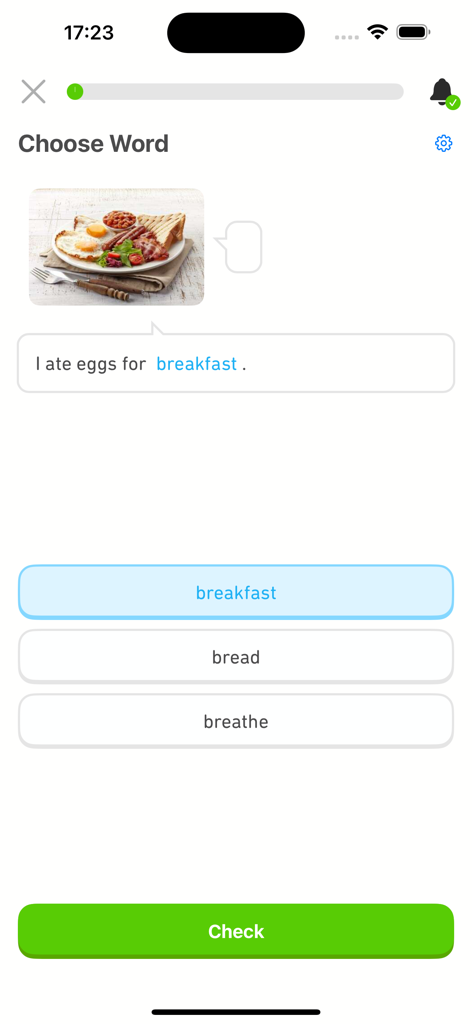 4000 Essential English Words ⑴ - Un ejercicio de vocabulario en inglés de opción múltiple que pide al usuario que elija la palabra 'breakfast' con una imagen de apoyo de un plato de desayuno.