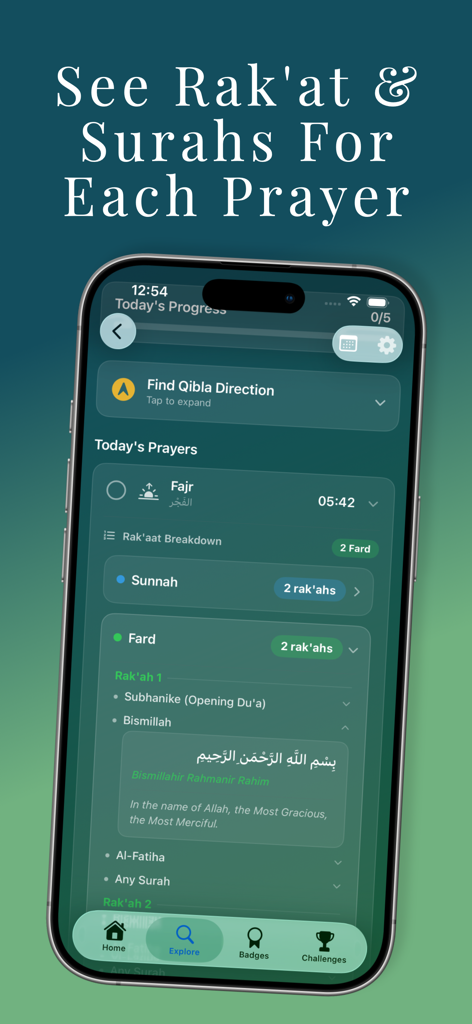 Niyyah Journey - Niyyah Journey app screen showing the rak'at and surah breakdown for Fajr prayer