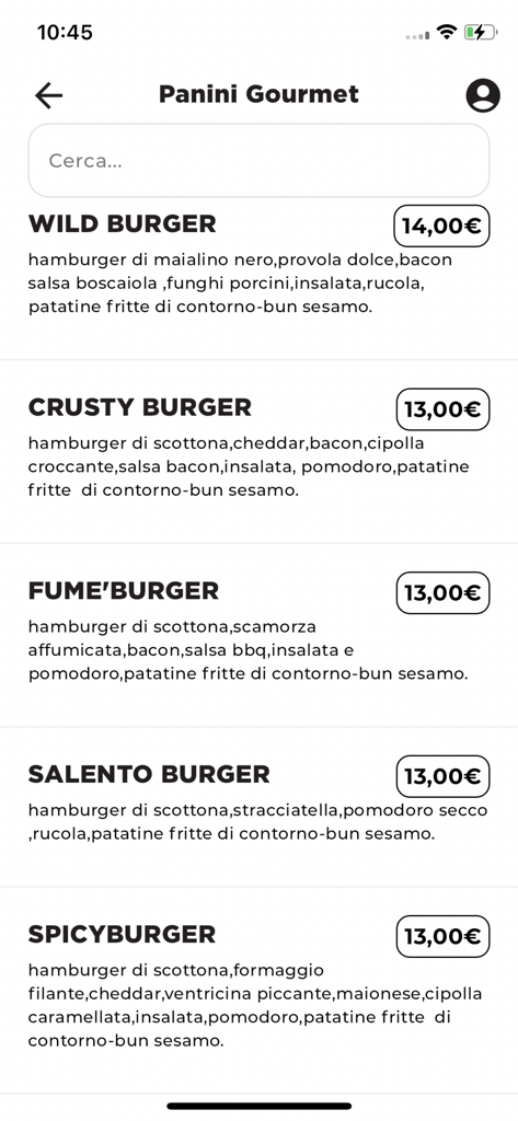 Juras Food and Drink - Digitales Menübildschirm der Juras Food and Drink App mit einer Liste von Gourmet-Burgern und ihren Preisen