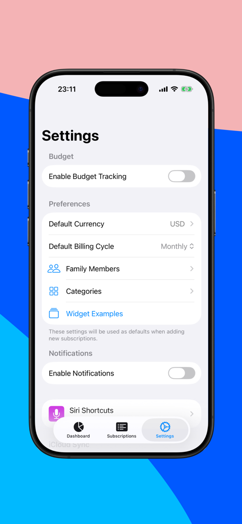 Track Subscription: ManageSubs - ManageSubs app settings screen with budget tracking and family management options