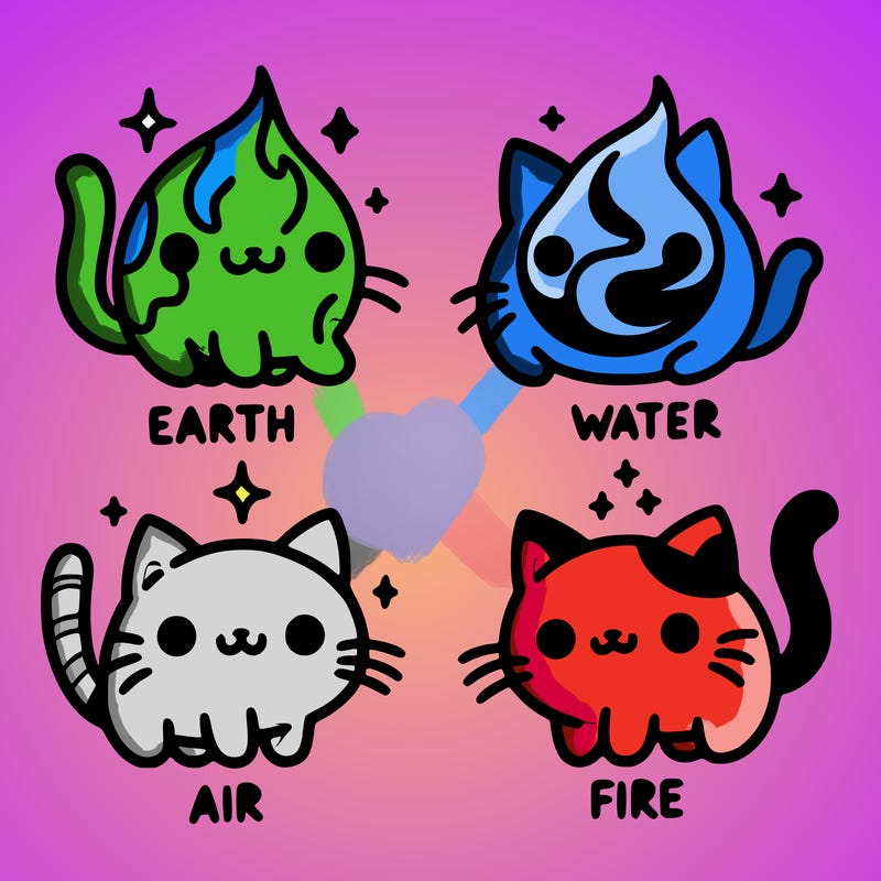 4 cats that represent the different elements, earth, water, air, and fire