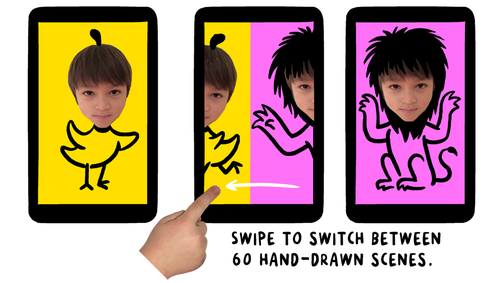 A child using the swipe gesture to switch between hand drawn animal characters in the CHOMP app