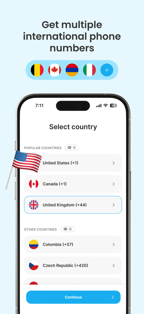 SkyTalk app interface for selecting an international second phone number