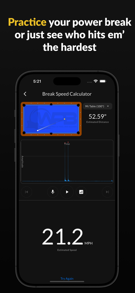 A smartphone interface of the WPB app showing the Break Speed Calculator feature with an estimated speed of 21.2 MPH