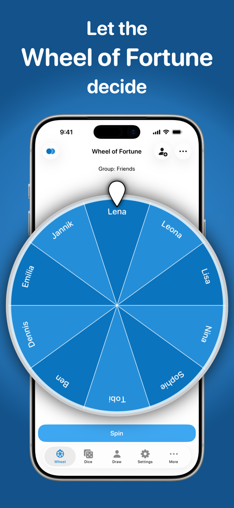 Random Generator Premium app showing the Wheel of Fortune for decision making