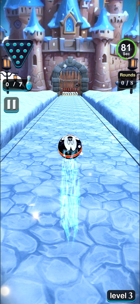 Pin Bowling Ball: Bowling Game - Jogabilidade de boliche em um nível de castelo de gelo 3D.