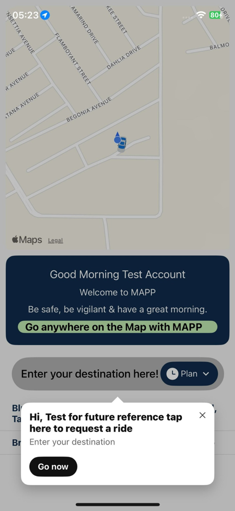 MappRides - MappRides app home screen showing a map interface and destination input field