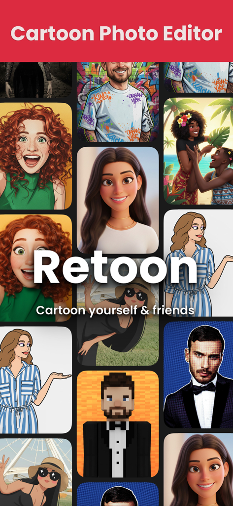 Retoon: Cartoon Photo Editor - A grid showcasing diverse AI generated cartoon portraits and artistic styles from the Retoon app