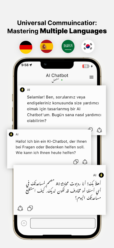ChatBot Pro - Writer Assistant - ChatBot Pro app interface showing AI conversations in multiple languages on a smartphone screen