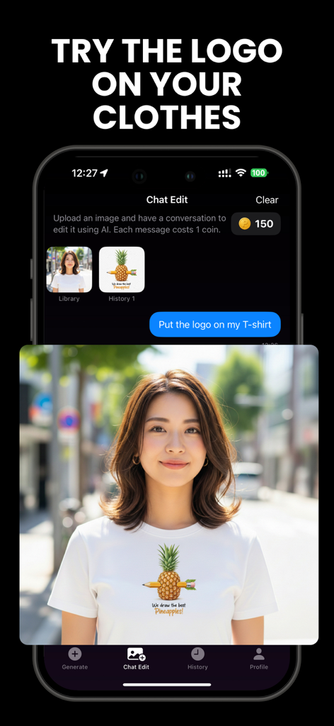 AI写真編集インターフェース。チャットコマンドを通じて女性のTシャツにロゴが配置されている様子を示しています