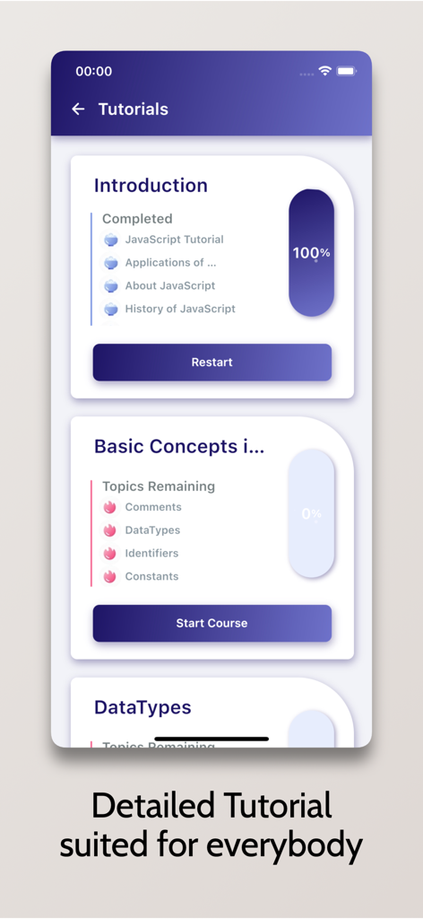 Learn JavaScript - OnePercent - JavaScript tutorial dashboard showing lesson progress and modules for beginners and advanced learners.