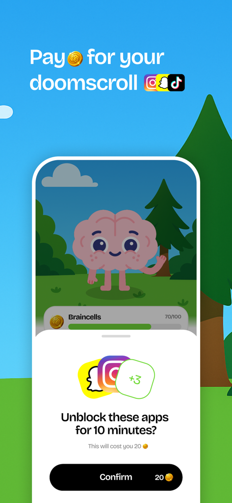 Unrot: Earn your screentime - Pantalla de la aplicación móvil Unrot que muestra una mascota cerebral y una indicación para desbloquear aplicaciones de redes sociales utilizando créditos cerebrales.