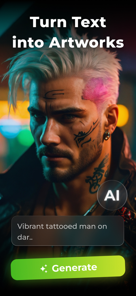 AI 앱 인터페이스, 텍스트 프롬프트에서 생성된 초현실적인 문신한 남성 표시