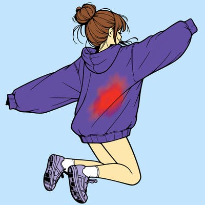 realistic girl jumping with a bun and oversized sweatshirt