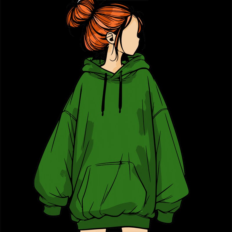 realistic girl with a oversized sweatshirt on and a bun