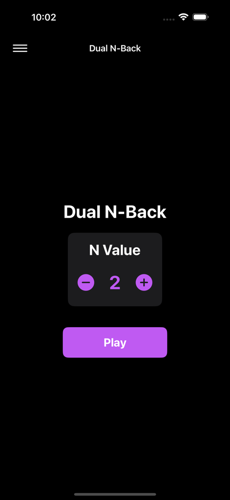 Tela principal do aplicativo Dual N-Back apresentando um seletor de valor N e um botão Play em um fundo escuro