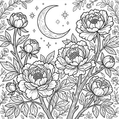 Experience the magic of tree peonies gracefully blooming beneath a serene night sky. This intricate coloring page captures the beauty of opulent flowers, a crescent moon, and sparkling stars for a truly peaceful coloring adventure.