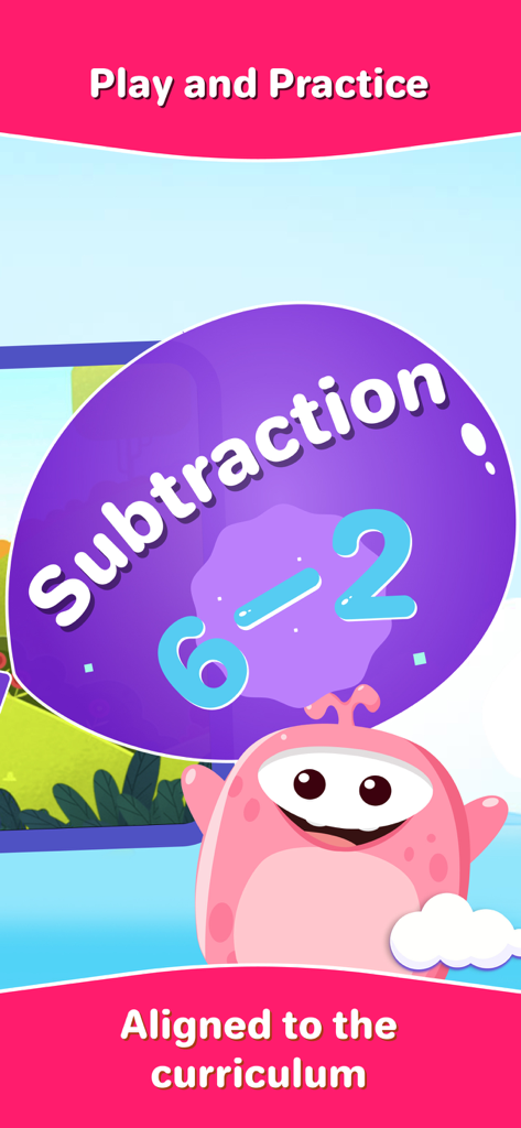 1st grade math learning game interface showing subtraction exercises aligned to the curriculum.