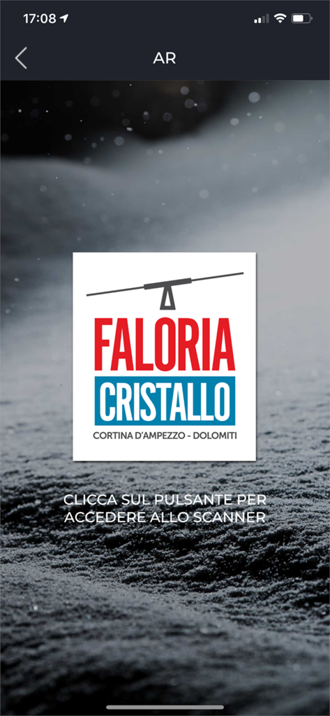 Schermata dell'interfaccia dello scanner di realtà aumentata nell'app Cortina Faloria Cristallo con sfondo di montagna innevata.