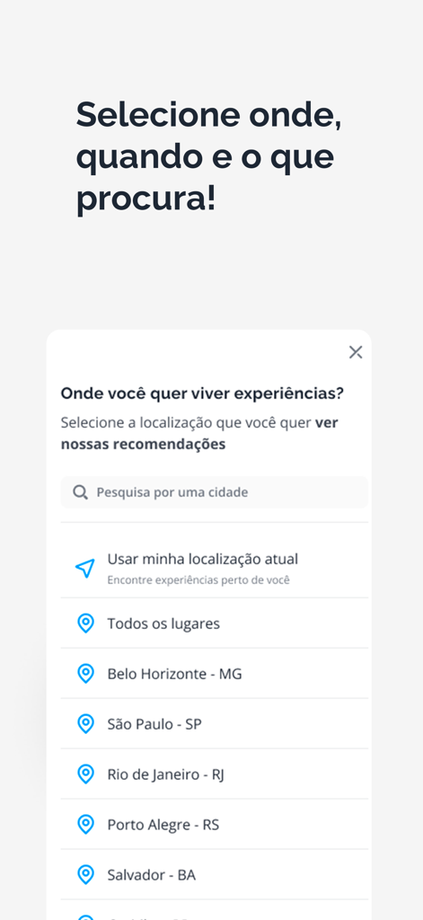 Interfaz de la aplicación Sympla que muestra un menú de selección de ciudad para el descubrimiento de eventos en Brasil.