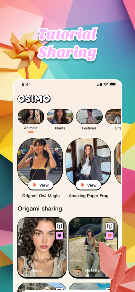 Osimo - Connect, Enjoy & Chat - Interfaccia dell'app Osimo che mostra tutorial di origami e un feed di condivisione della community per appassionati di piegatura della carta