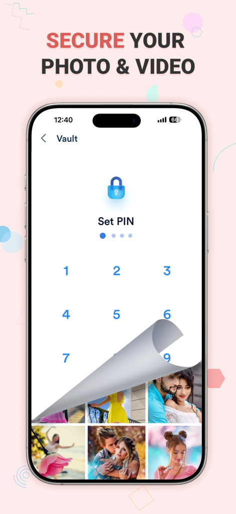 Photo Gallery - Gallery Lock - Una interfaz de aplicación móvil que muestra una pantalla de Establecer PIN para una bóveda de fotos privada con un efecto de página que revela imágenes ocultas
