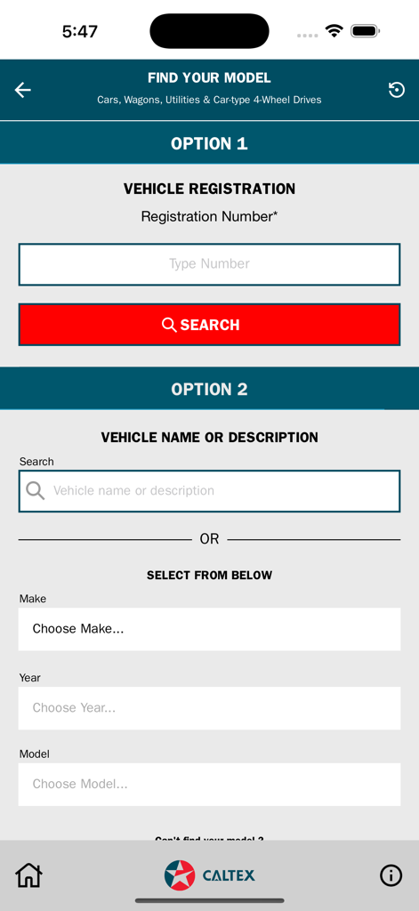 NetLube Caltex New Zealand - Search screen for finding vehicle models by registration number or manual selection of make and year.