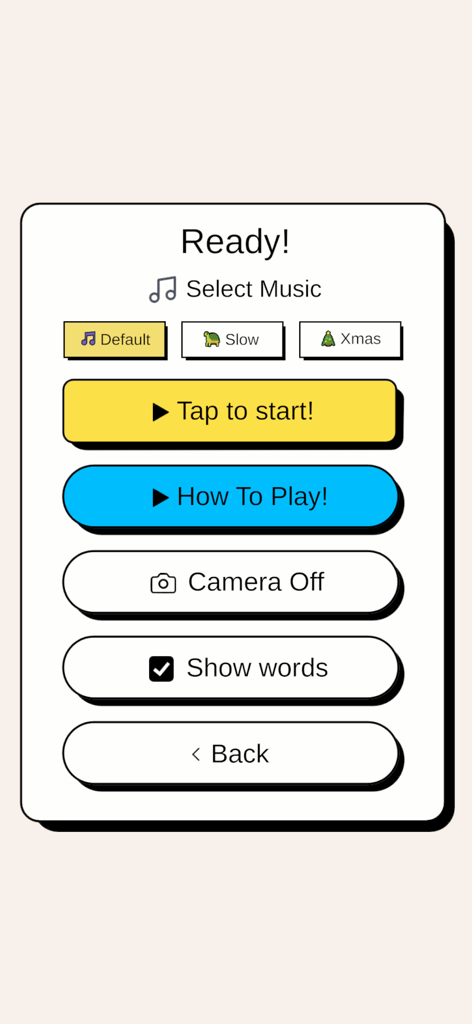 Word On Beat! - The main menu of the Word On Beat app featuring options for music selection and game start